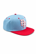 Load image into Gallery viewer, Flat Fitted Hat sky Blue &amp; Red
